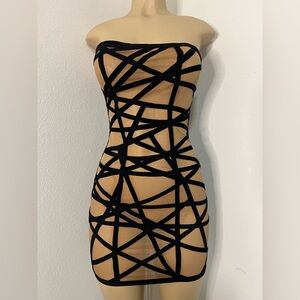 House of London Strapless Nude & Black Bandage Bodycon Mini Dress Size S